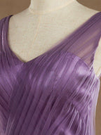 A-Line V-neck Floor Length Tulle Bridesmaid Dress Criss Cross with Beading