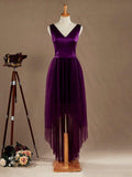 A-line V-neck High-low Hem Satin match Tulle Bridesmaid Dress