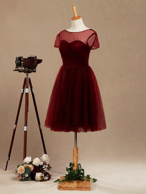 A-Line Knee Length Tulle Short Sleeves Bridesmaid Dress with See Through Bateau Neckline