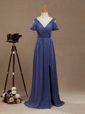 A-Line V-Neck Floor Length Chiffon Prom Formal Evening Dress with Flutter Sleeves