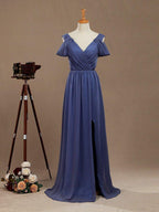 A-Line V-Neck Floor Length Chiffon Prom Formal Evening Dress with Flutter Sleeves