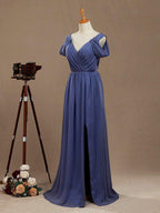 A-Line V-Neck Floor Length Chiffon Prom Formal Evening Dress with Flutter Sleeves