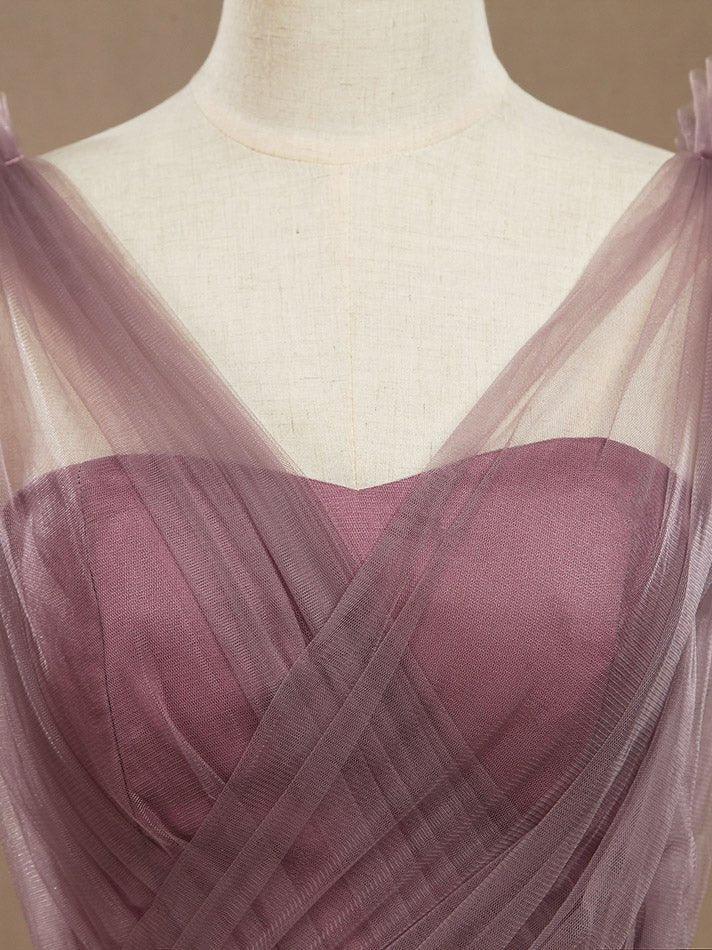 A-Line V-neck Tulle Floor Length Bridesmaid Dress with Ruching Pleats