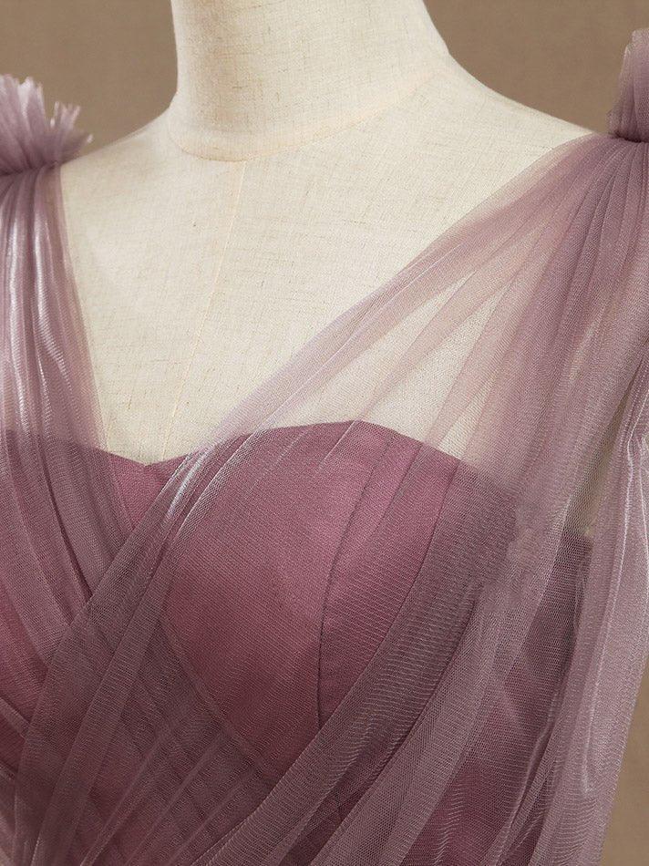 A-Line V-neck Tulle Floor Length Bridesmaid Dress with Ruching Pleats