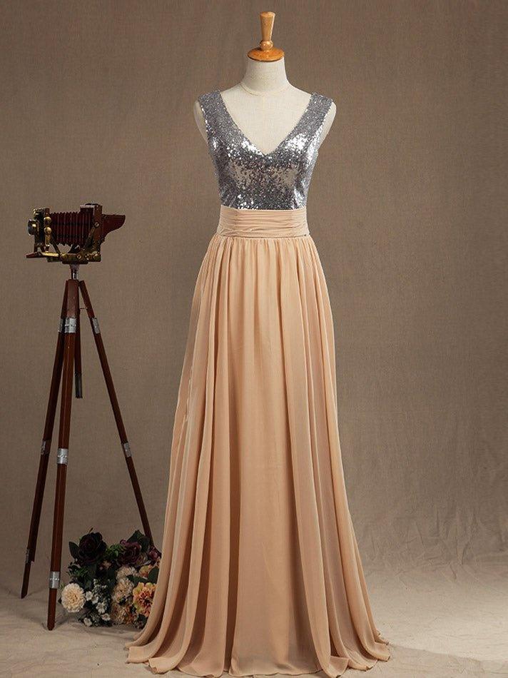Chiffon Mix Sequin Bridesmaid Dress V-neck A-line Sleeveless