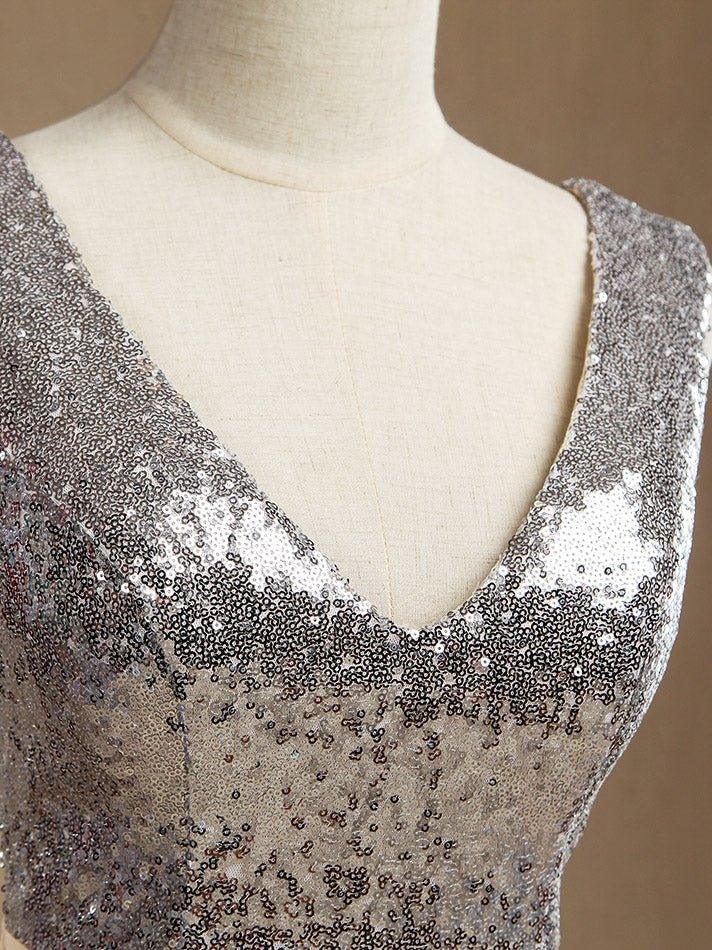 Chiffon Mix Sequin Bridesmaid Dress V-neck A-line Sleeveless