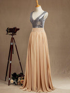 Chiffon Mix Sequin Bridesmaid Dress V-neck A-line Sleeveless