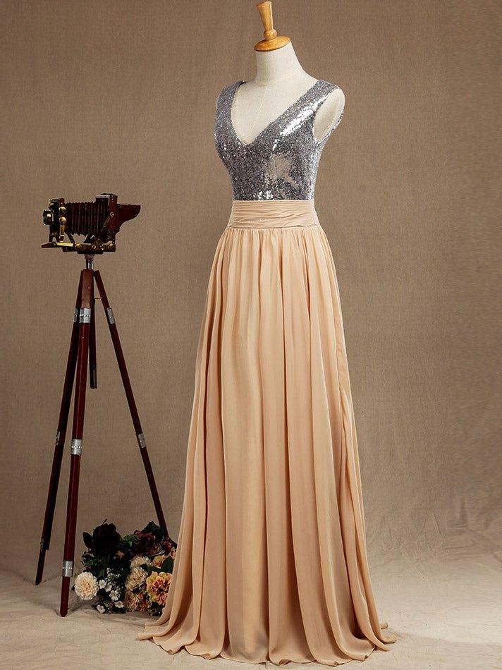 Chiffon Mix Sequin Bridesmaid Dress V-neck A-line Sleeveless
