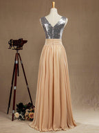 Chiffon Mix Sequin Bridesmaid Dress V-neck A-line Sleeveless