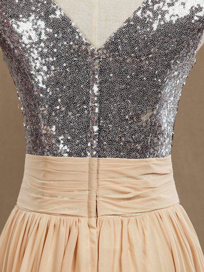 Chiffon Mix Sequin Bridesmaid Dress V-neck A-line Sleeveless