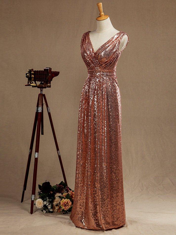 Numbersea Sheath Column Rose Gold Sequin Bridesmaid Dress Sheath Column V-neck Evening dress