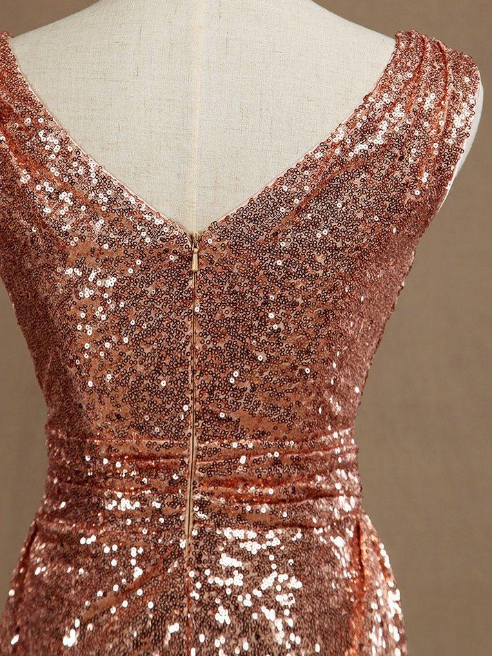 Numbersea Sheath Column Rose Gold Sequin Bridesmaid Dress Sheath Column V-neck Evening dress