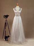 A-Line V-neck Floor Length Tulle Bridesmaid Dress with Belt