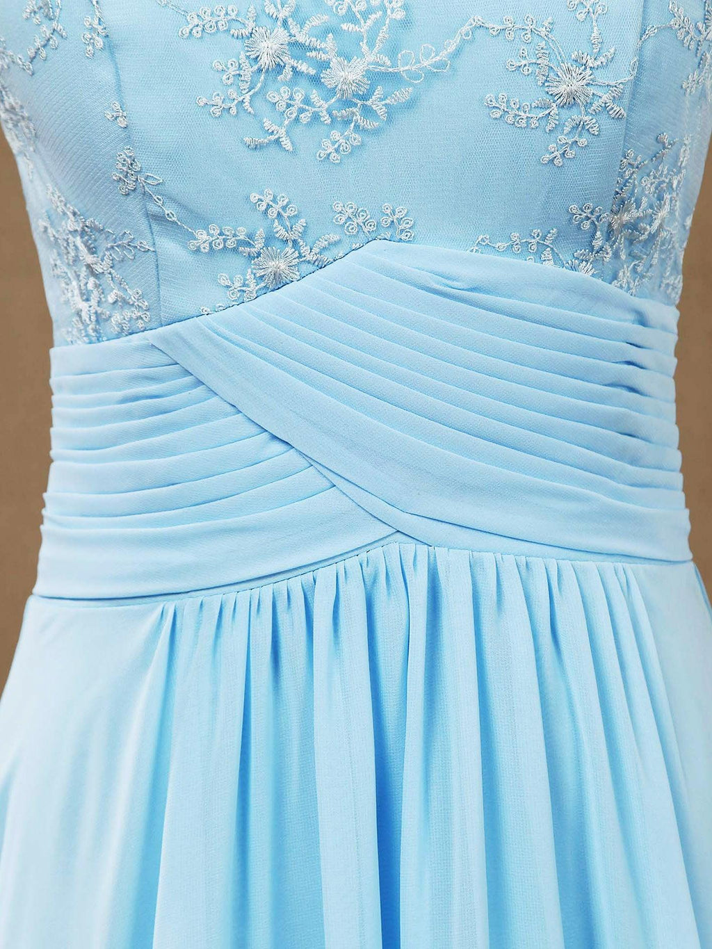 A-line Scoop Neck Floor Length Chiffon Mix Lace Bridesmaid Dress See Through Back