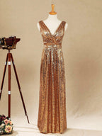 Numbersea Sheath Column Floor Length Sequin Bridesmaid dress V-neck Evening dress