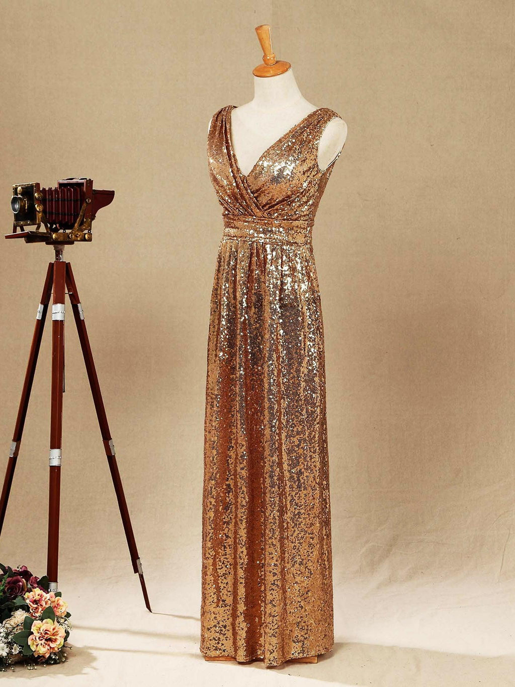 Numbersea Sheath Column Floor Length Sequin Bridesmaid dress V-neck Evening dress
