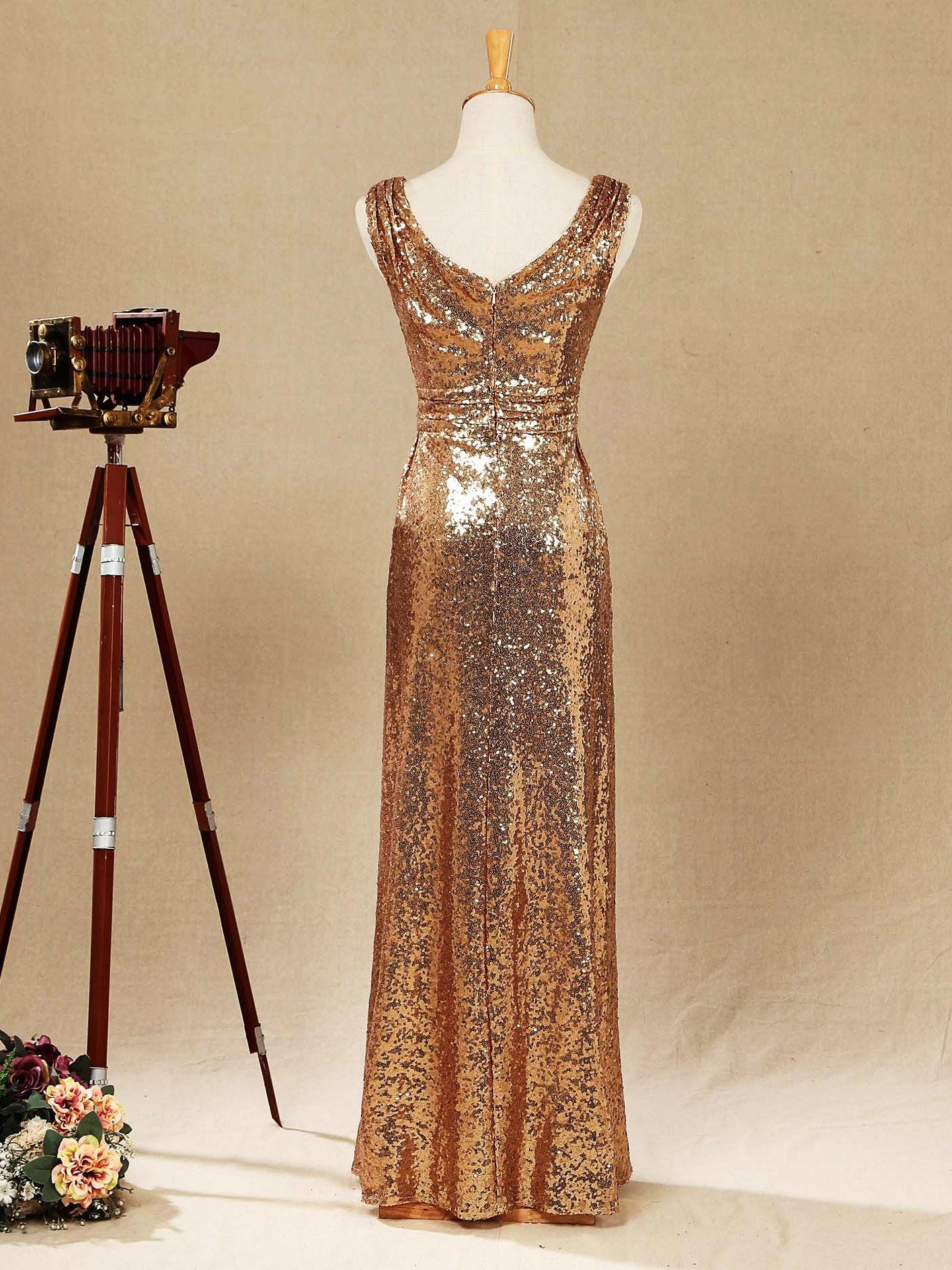 Numbersea Sheath Column Floor Length Sequin Bridesmaid dress V-neck Evening dress