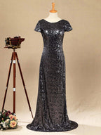 Numbersea Sequin Bridesmaid Dress Cowl Back Cap Sleeves Scoop Neck Luxury Black Floor length Evening dress