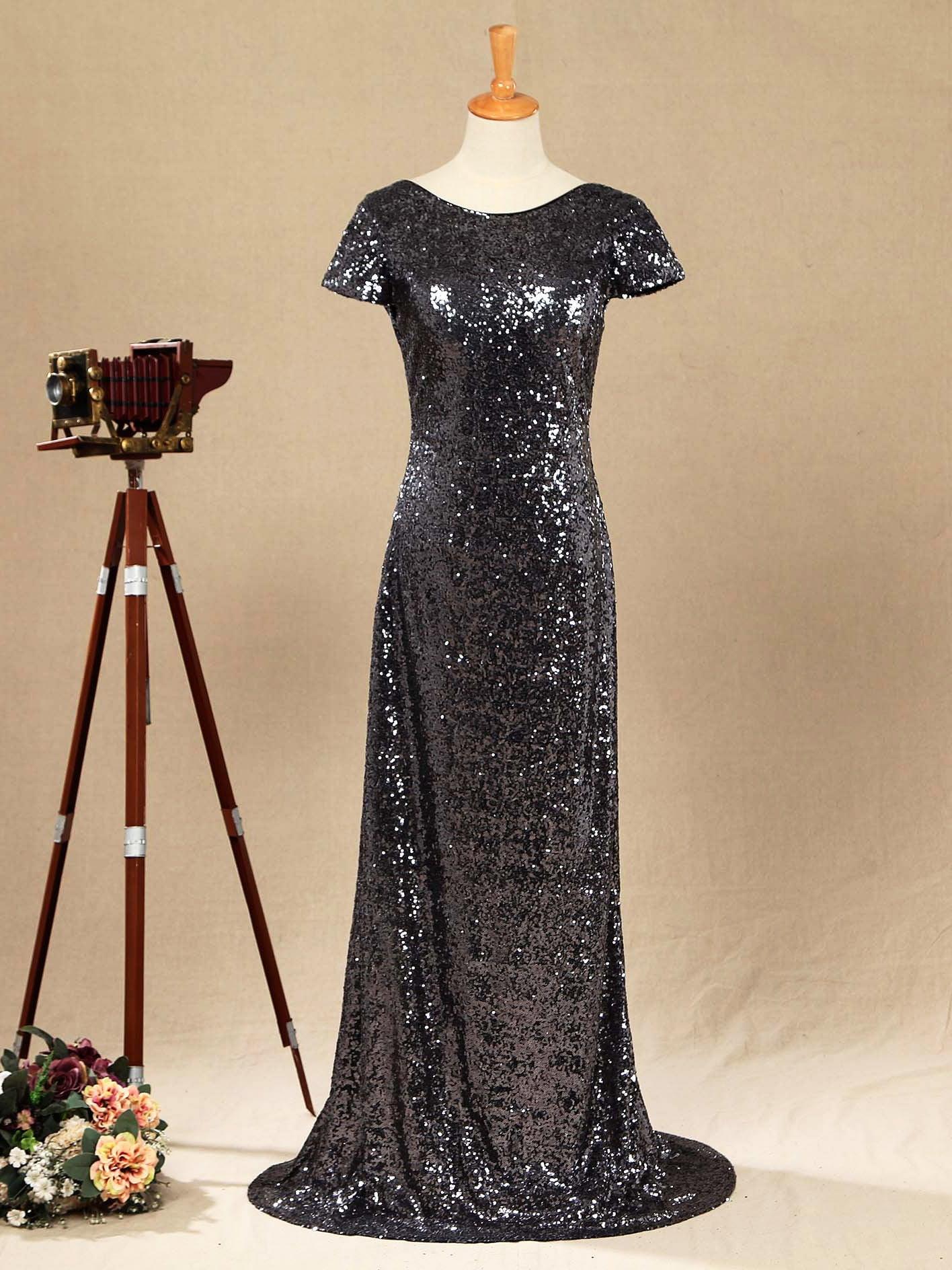 Numbersea Sequin Bridesmaid Dress Cowl Back Cap Sleeves Scoop Neck Luxury Black Floor length Evening dress