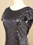 Numbersea Sequin Bridesmaid Dress Cowl Back Cap Sleeves Scoop Neck Luxury Black Floor length Evening dress