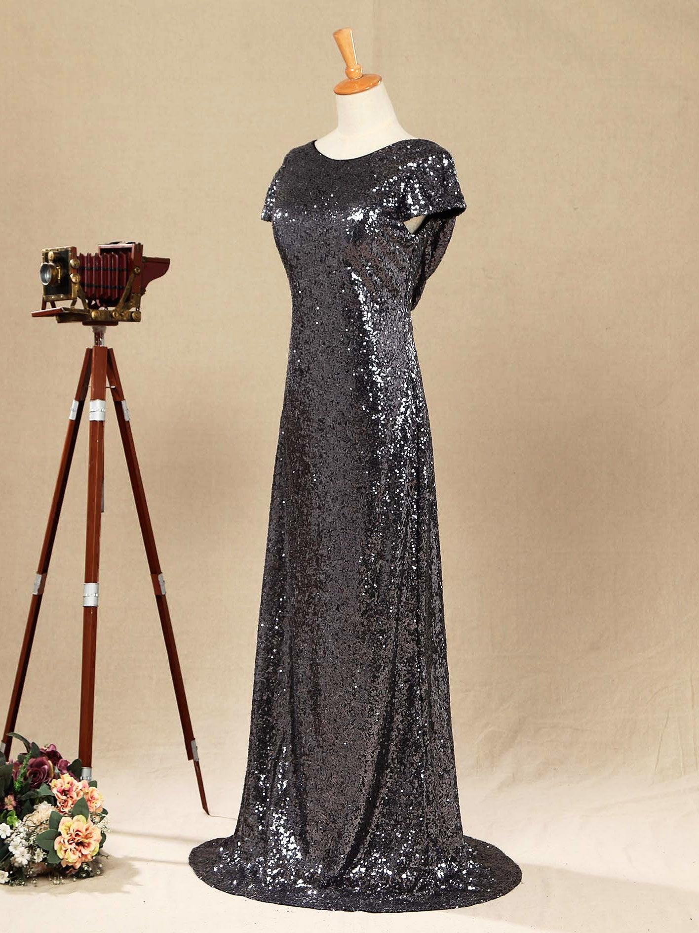 Numbersea Sequin Bridesmaid Dress Cowl Back Cap Sleeves Scoop Neck Luxury Black Floor length Evening dress