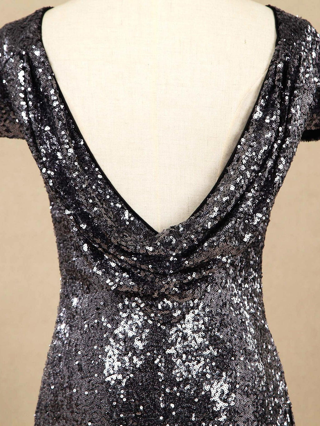 Numbersea Sequin Bridesmaid Dress Cowl Back Cap Sleeves Scoop Neck Luxury Black Floor length Evening dress