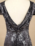 Numbersea Sequin Bridesmaid Dress Cowl Back Cap Sleeves Scoop Neck Luxury Black Floor length Evening dress