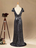 Numbersea Sequin Bridesmaid Dress Cowl Back Cap Sleeves Scoop Neck Luxury Black Floor length Evening dress