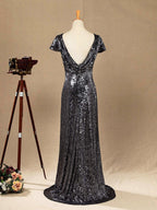 Numbersea Sequin Bridesmaid Dress Cowl Back Cap Sleeves Scoop Neck Luxury Black Floor length Evening dress