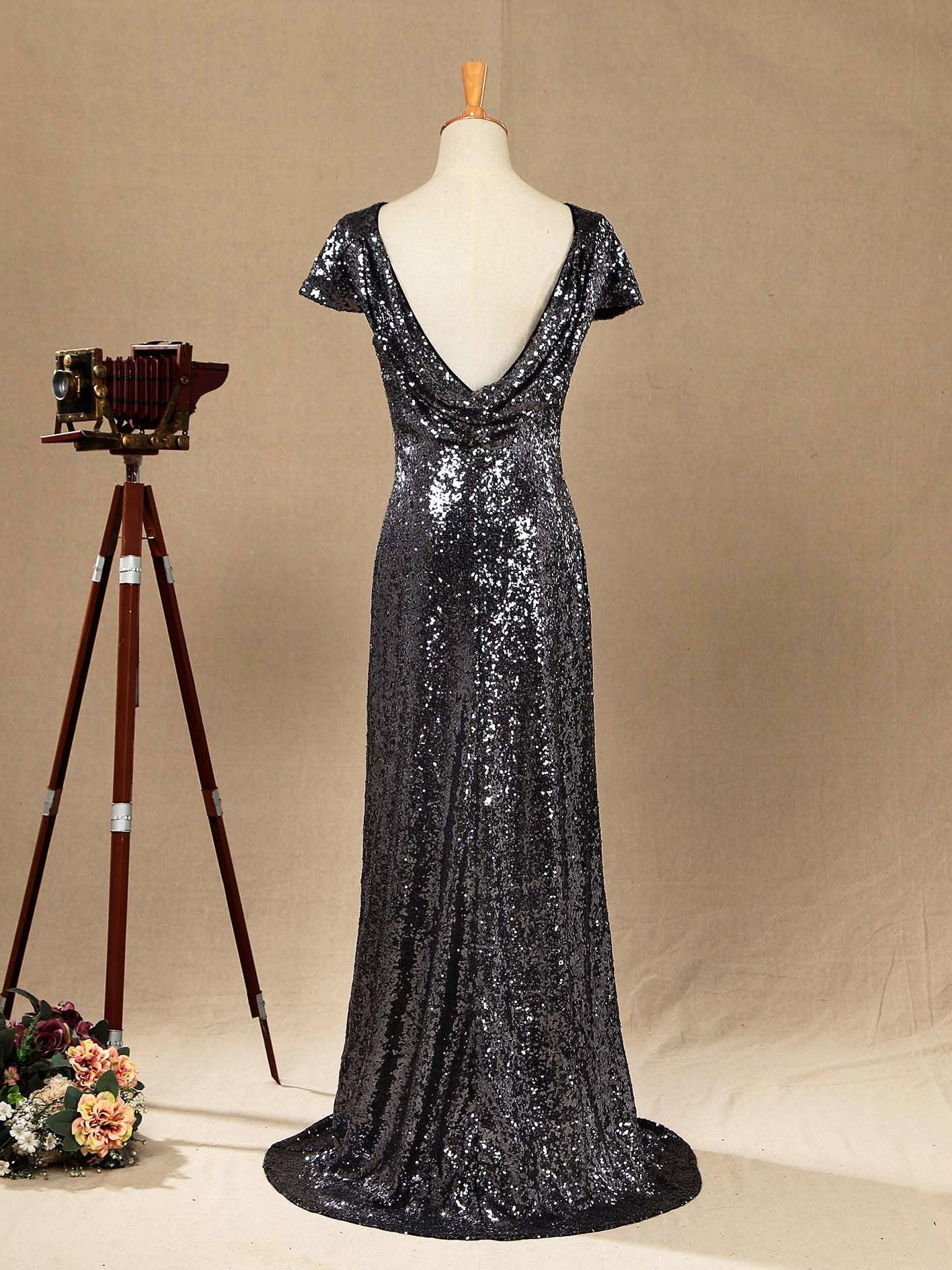 Numbersea Sequin Bridesmaid Dress Cowl Back Cap Sleeves Scoop Neck Luxury Black Floor length Evening dress