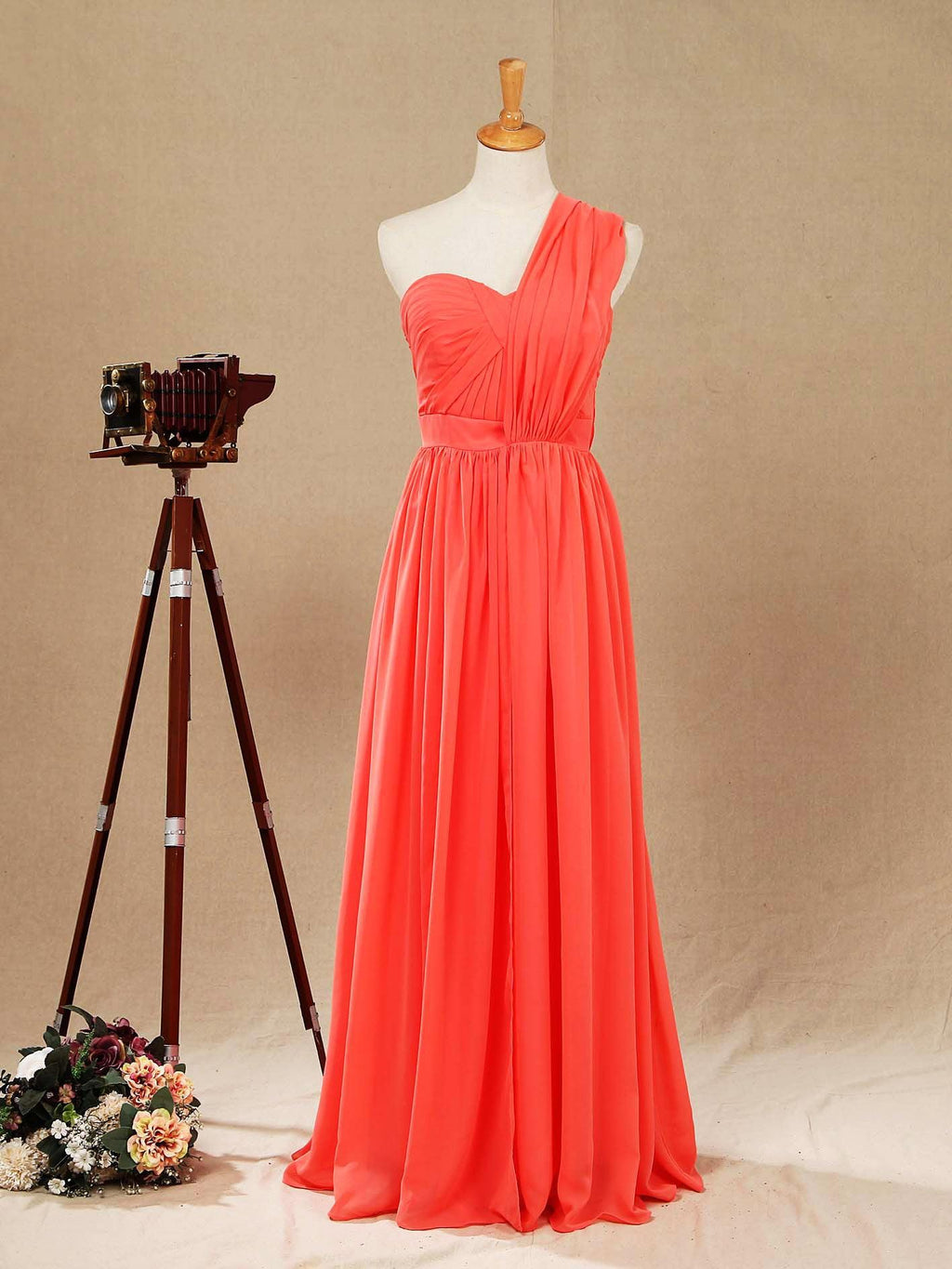 Convertible Coral Chiffon Bridesmaid Dress A-line One Shoulder Halter-neck Strapless Sweetheart