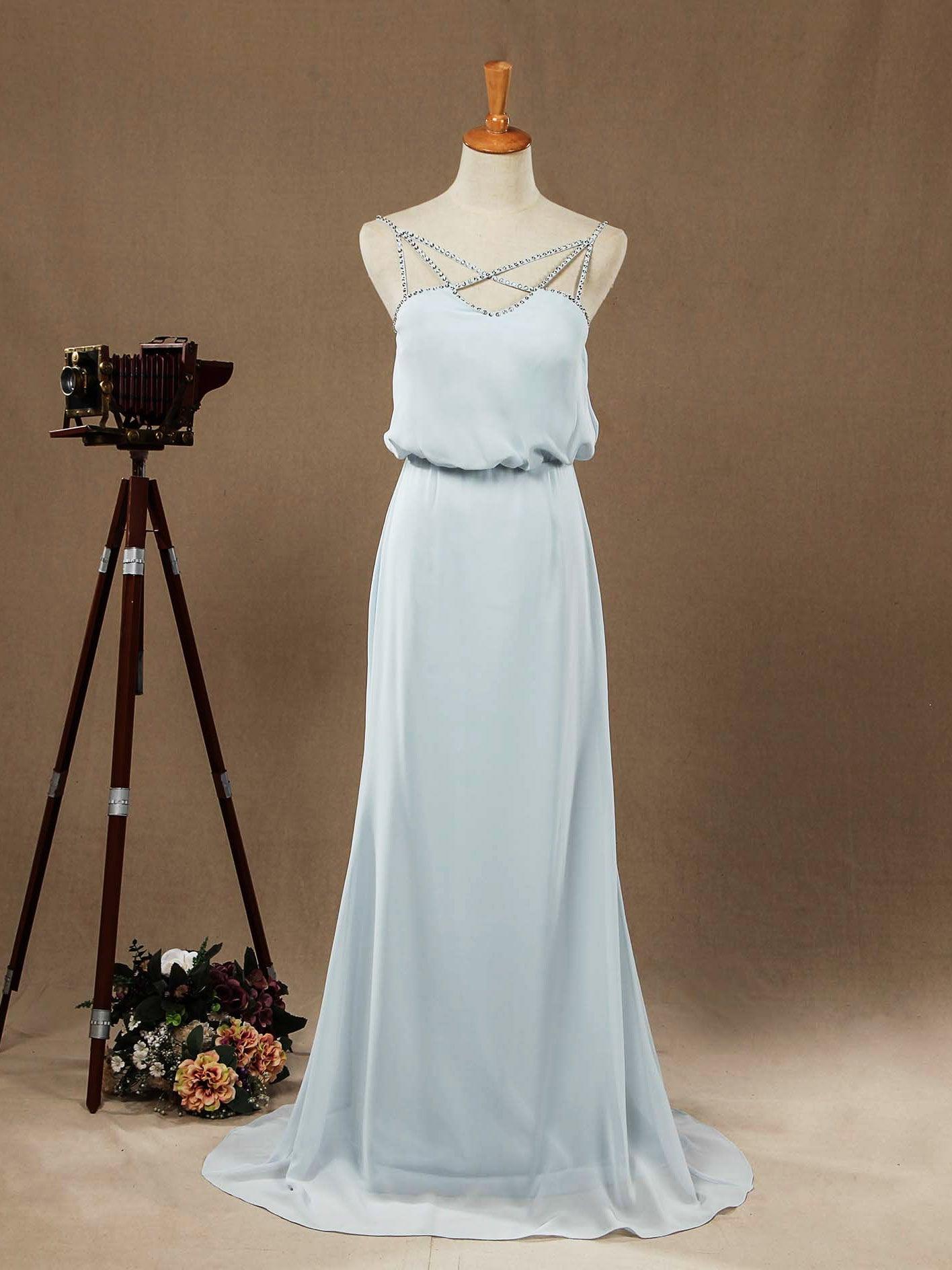 Numbersea Sheath / Column Spaghetti Straps Floor Length Chiffon Formal Evening Dress with Beading