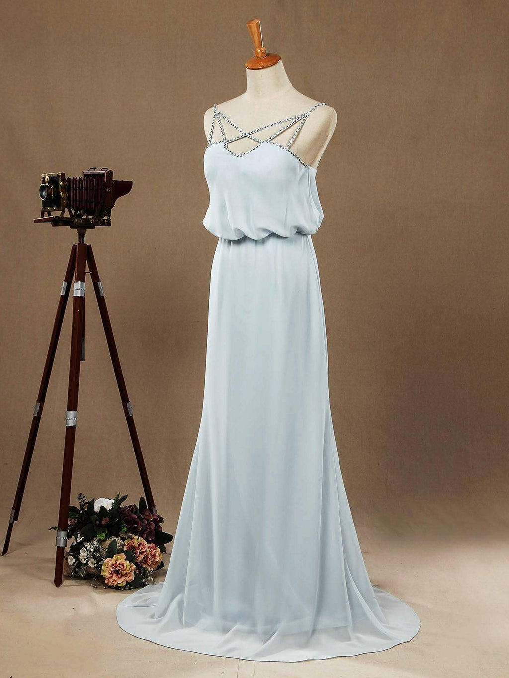 Numbersea Sheath / Column Spaghetti Straps Floor Length Chiffon Formal Evening Dress with Beading