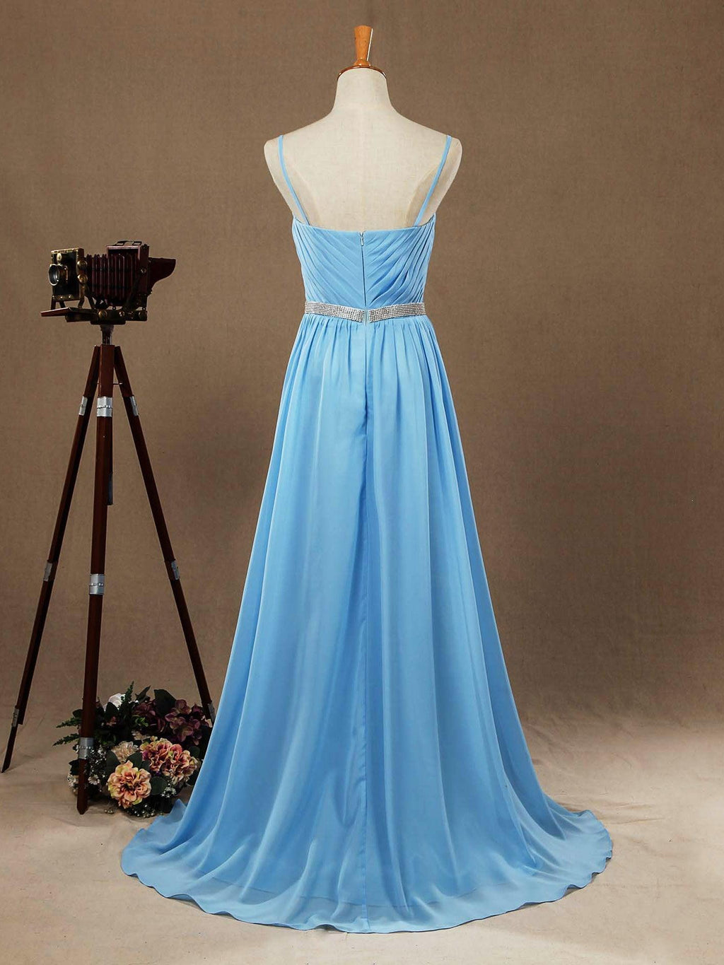 A-Line Spaghetti Straps Chiffon Prom Formal Evening Dress with Beading Belt