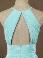 Numbersea Chiffon Floor Length Prom Dresses A-Line Halter Open Back Pleats