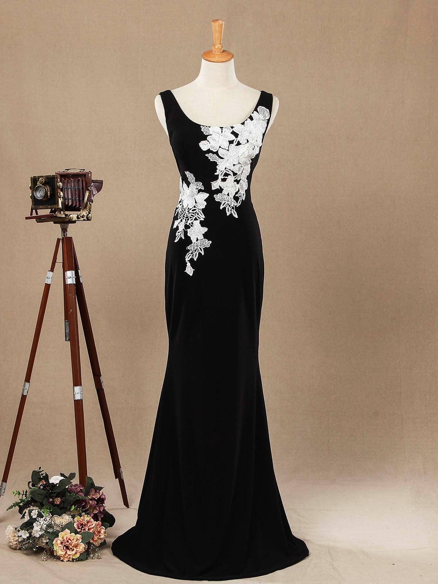 Numbersea Mermaid / Trumpet Scoop Neck Straps Chiffon Floor Length Evening Dress with White Appliques