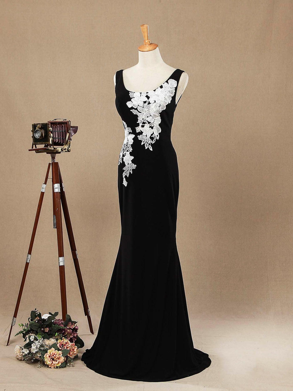 Numbersea Mermaid / Trumpet Scoop Neck Straps Chiffon Floor Length Evening Dress with White Appliques