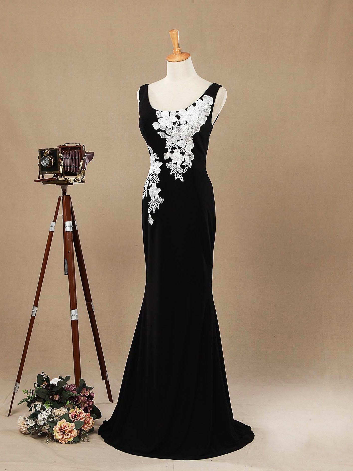 Numbersea Mermaid / Trumpet Scoop Neck Straps Chiffon Floor Length Evening Dress with White Appliques