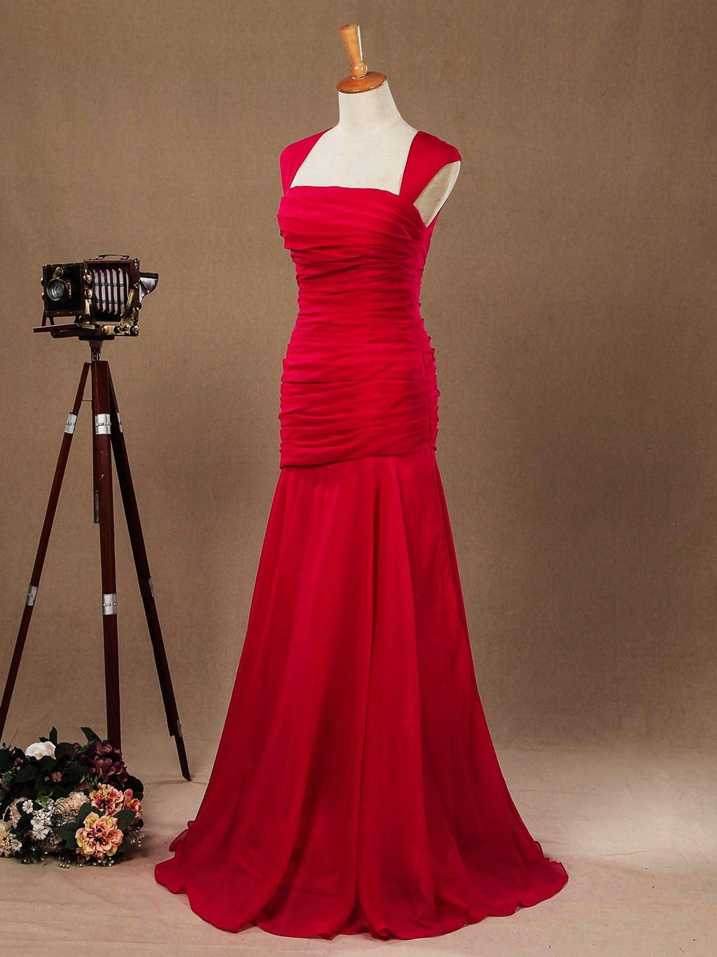 Numbersea Mermaid / Trumpet Straps Formal Floor Length Chiffon Evening Dress with Ruching