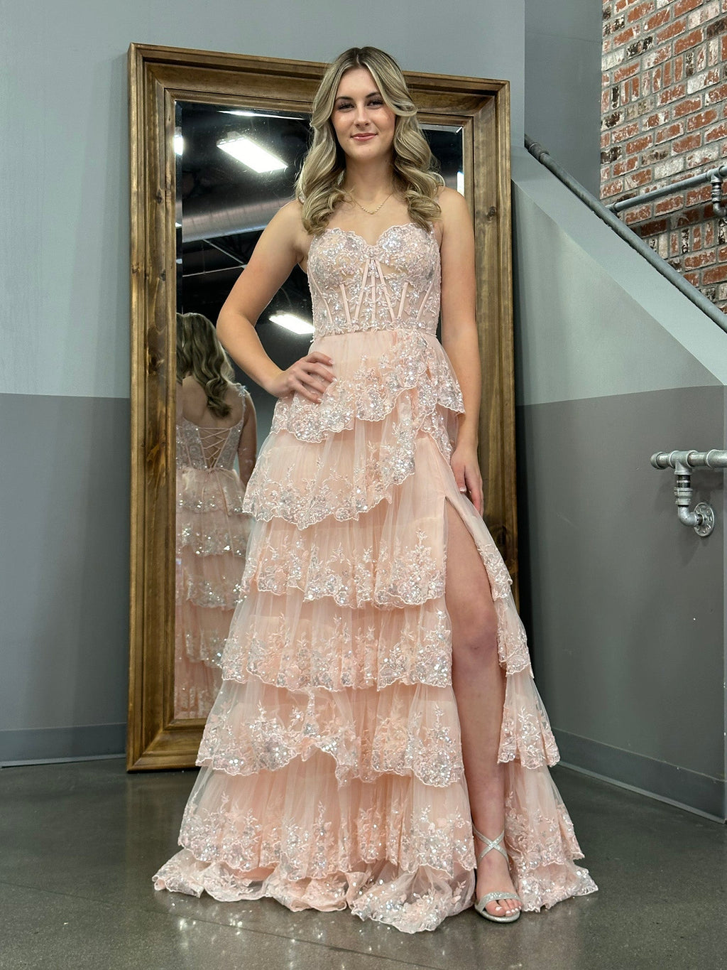 A Line Off the Shoulder Corset Prom Dress with Lace Ruffles