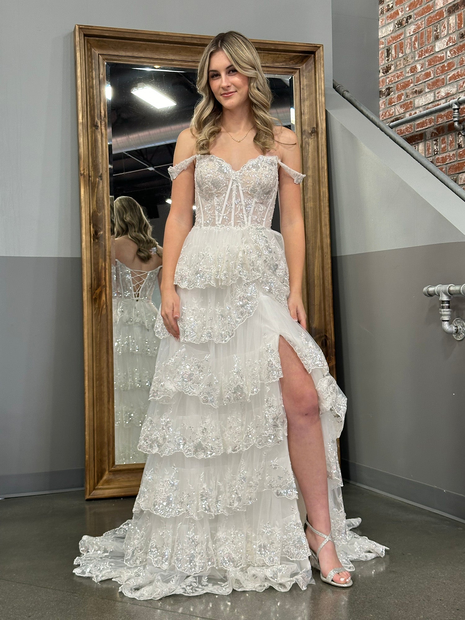 A Line Off the Shoulder Corset Prom Dress with Lace Ruffles