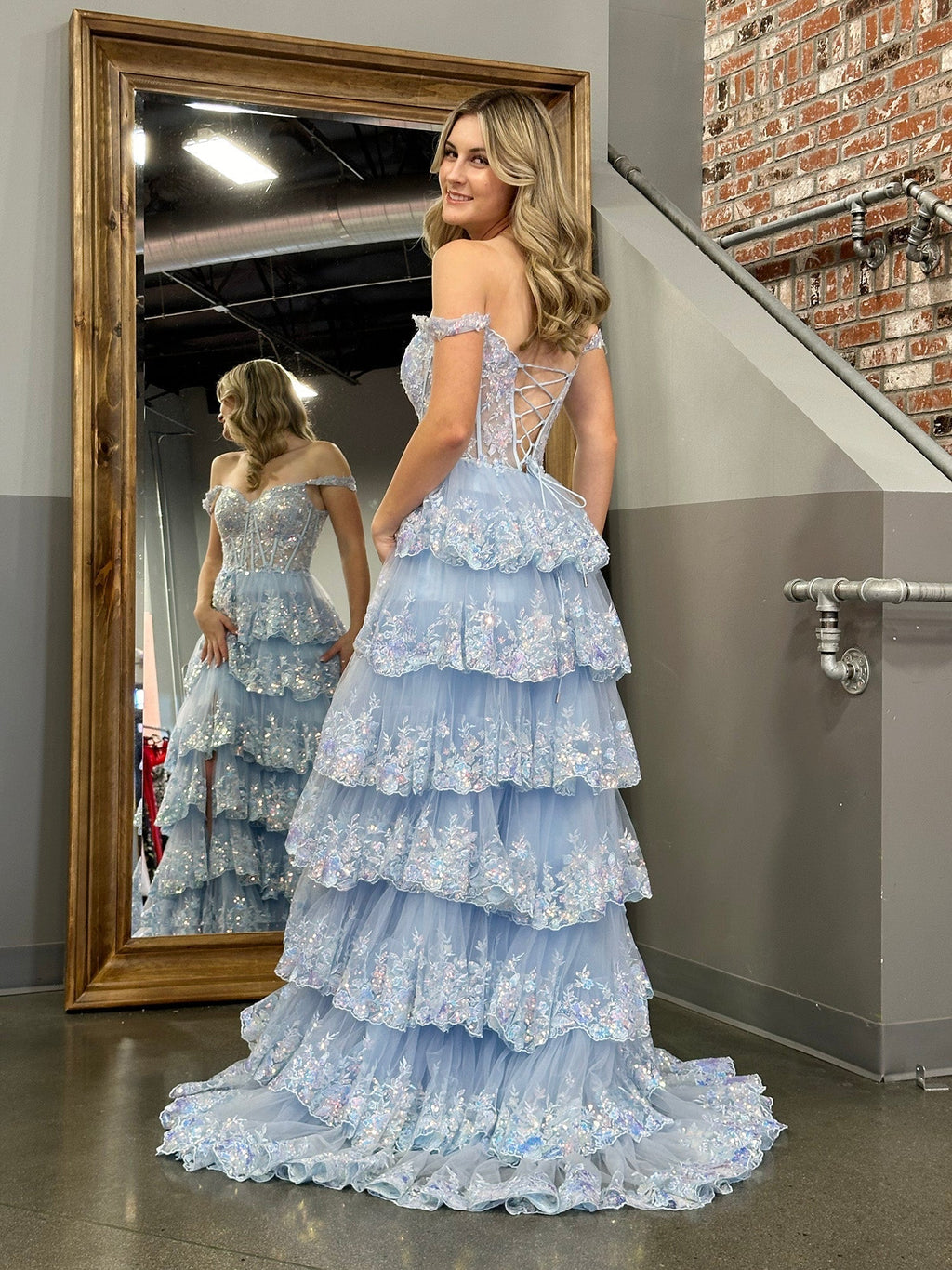 A Line Off the Shoulder Corset Prom Dress with Lace Ruffles