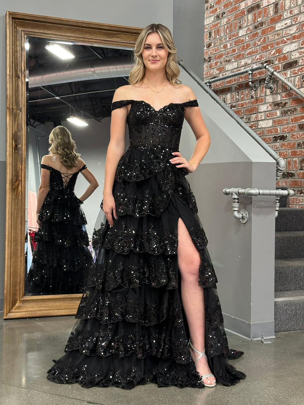 A Line Off the Shoulder Corset Prom Dress with Lace Ruffles