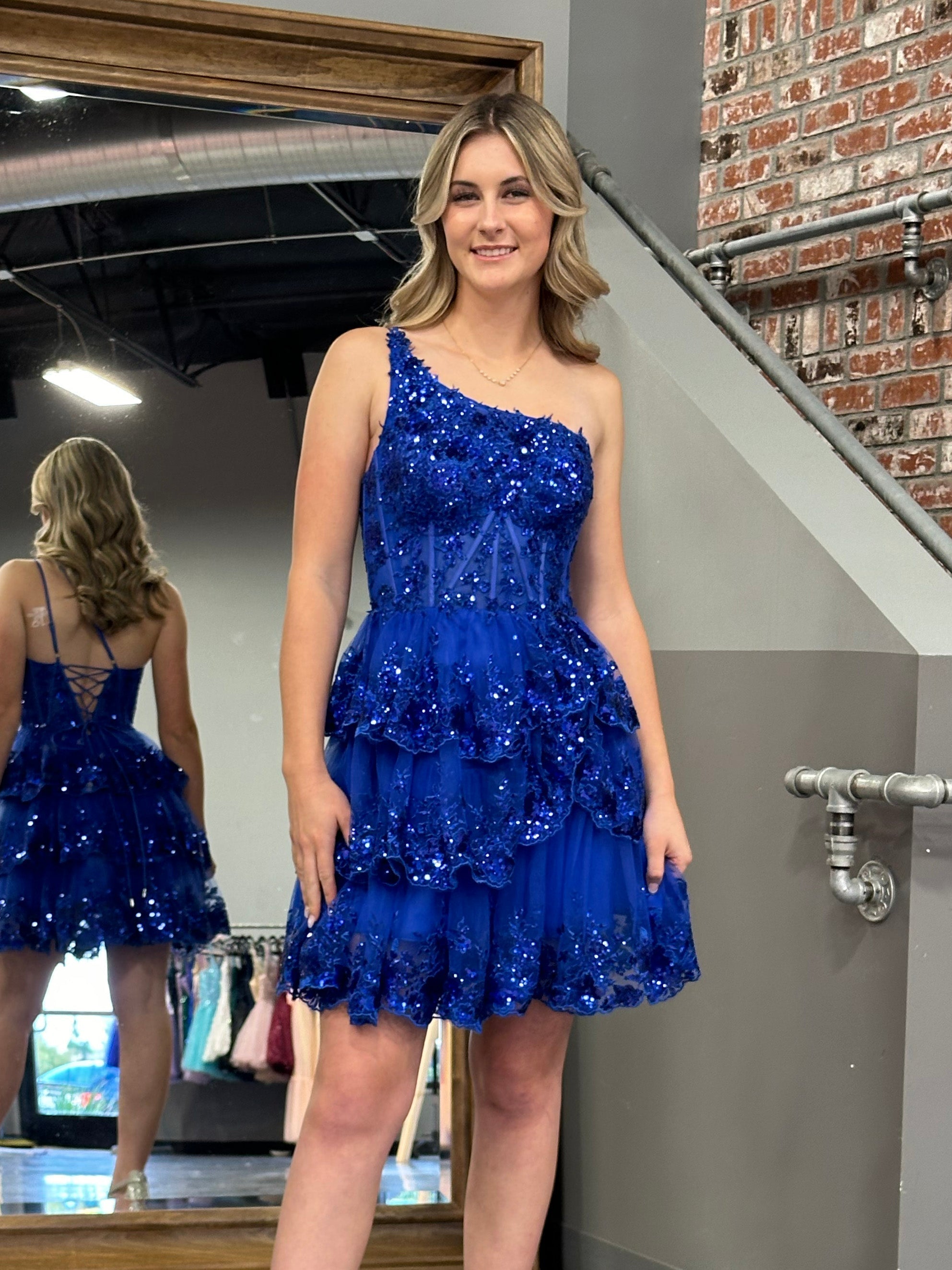 A Line One Shoulder Navy Tiered Lace Short Homecoming Dress
