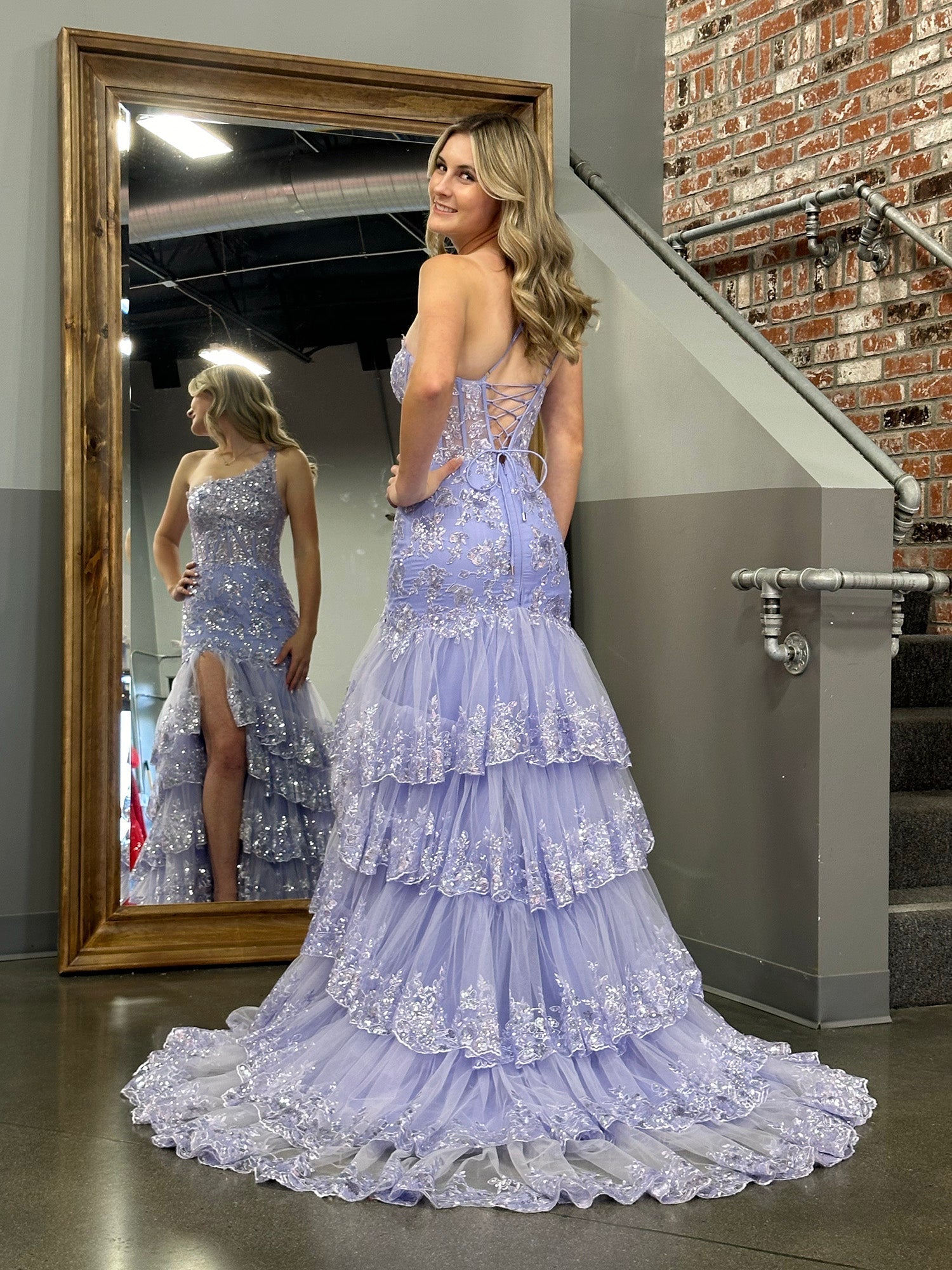 Sheath One Shoulder Tiered Lace Long Prom Dress