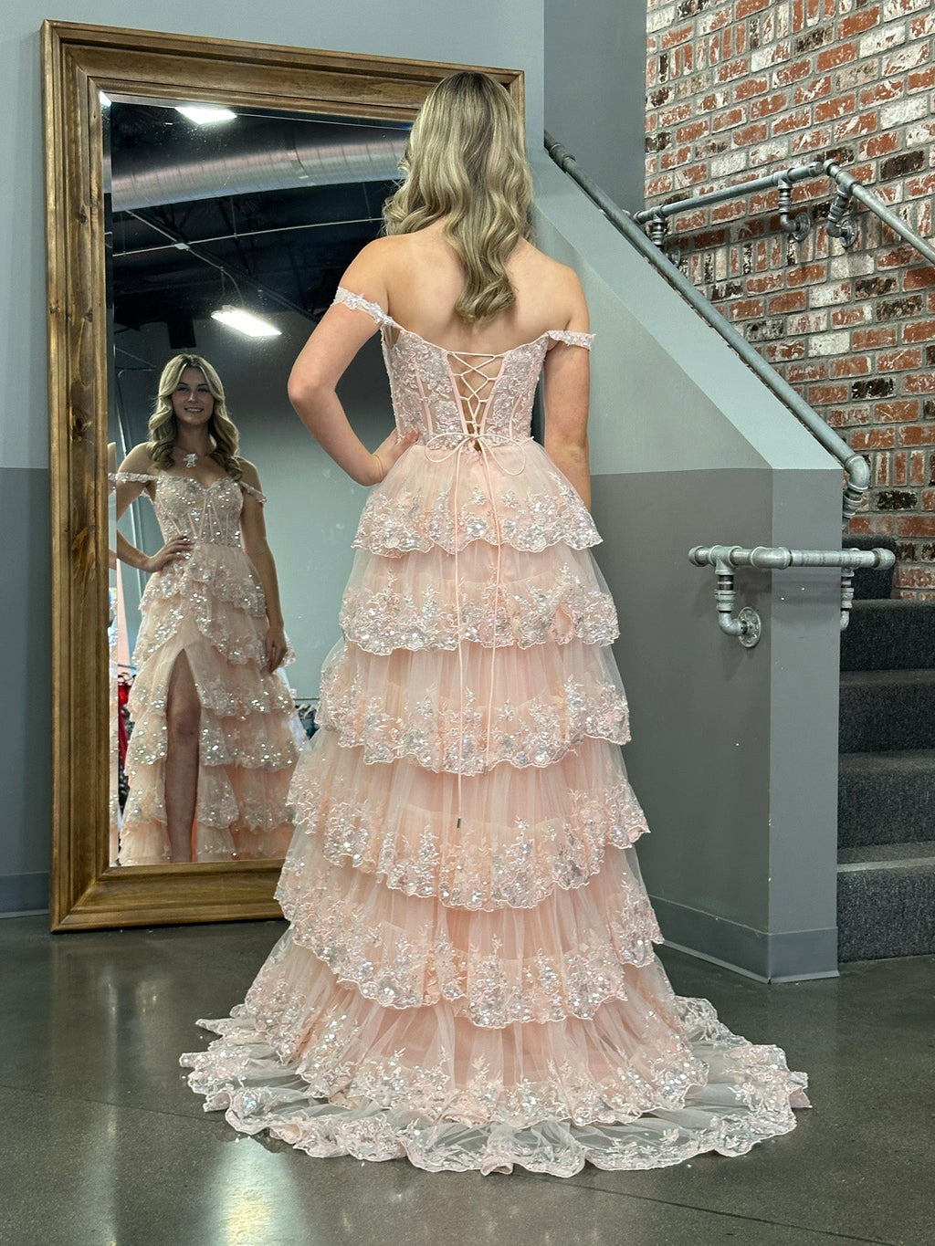 A Line Off the Shoulder Corset Prom Dress with Lace Ruffles
