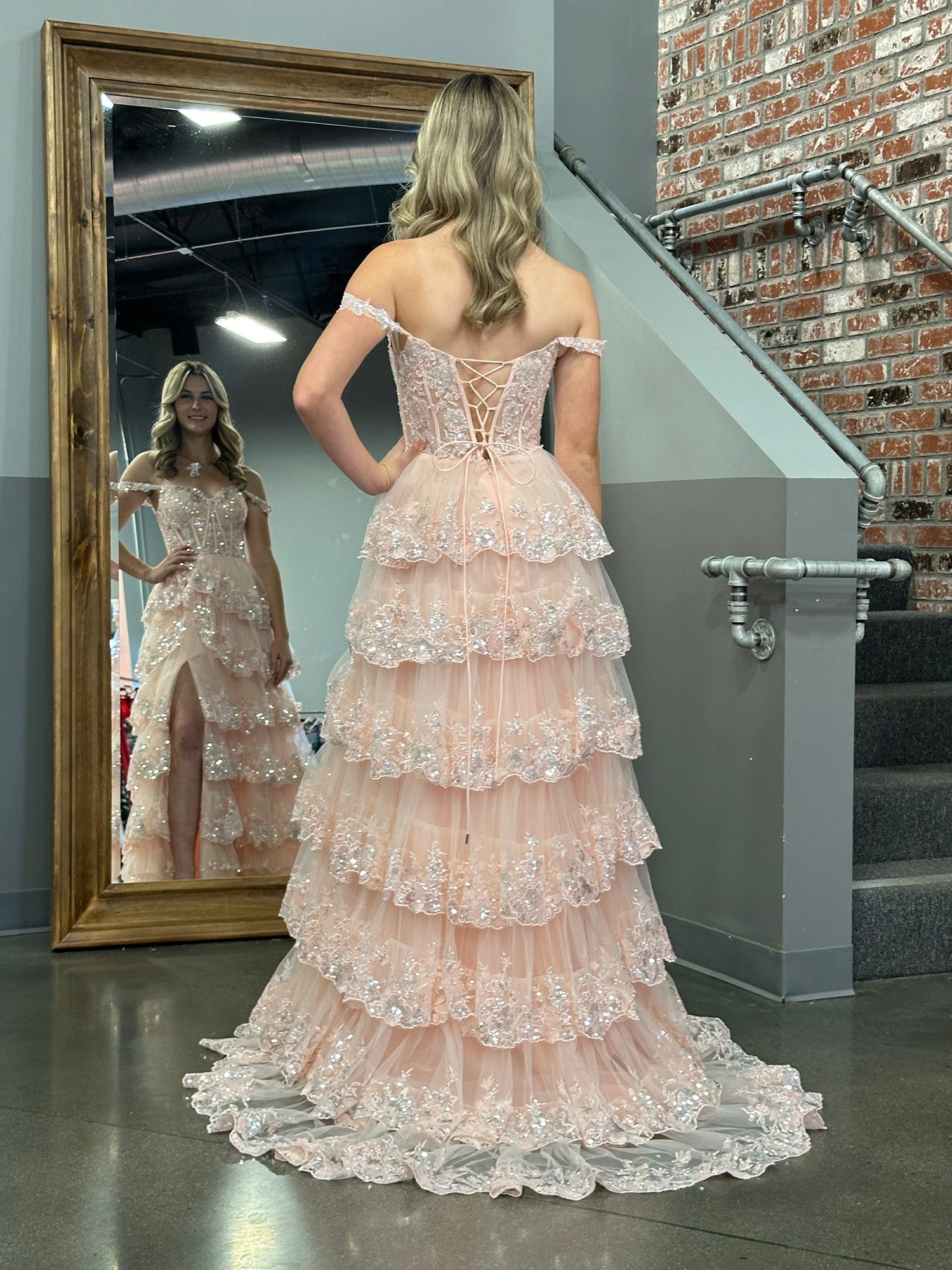 A Line Off the Shoulder Corset Prom Dress with Lace Ruffles