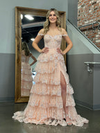 A Line Off the Shoulder Corset Prom Dress with Lace Ruffles