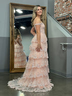 A Line Off the Shoulder Corset Prom Dress with Lace Ruffles