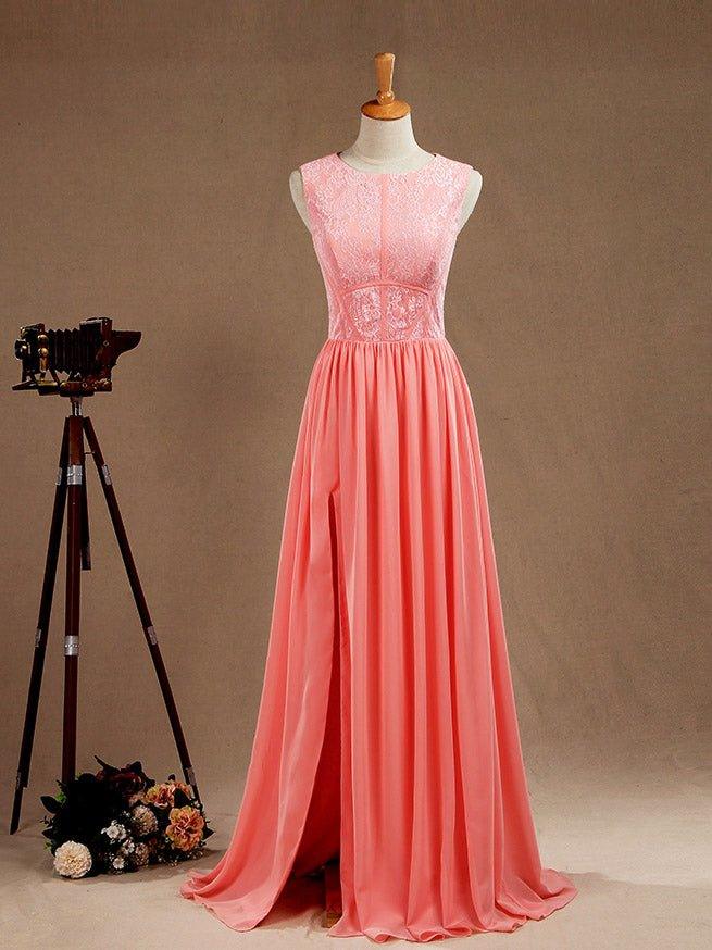 A-Line Jewel Neck Floor Length Chiffon match Lace Prom Formal Evening Dress with Split